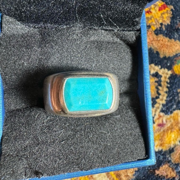 925 Sterling Silver Ring Turquoise Rectangle Signet Size 5.5 Chunky Brutalist